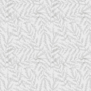 Puede incluir: Patrón sin costuras con diseño repetitivo de hojas de helecho estilizadas, gris claro, sobre fondo blanco. Las hojas tienen apariencia de acuarela, creando un efecto suave y texturizado. Adecuado para tela o papel pintado, un diseño delicado.