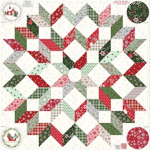 Puede incluir: Un panel de tela con temática navideña que presenta un diseño de estrella. El panel está compuesto por piezas de tela estampada en rojo, verde y blanco. El diseño incluye copos de nieve, cuadros y motivos florales. Diseños circulares con una casa y un trineo en las esquinas.