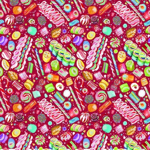 May include: A vibrant pattern featuring a variety of colorful candies, including striped candy canes, swirled lollipops, wrapped hard candies, and frosted treats, all set against a deep red background with small white star-like accents.