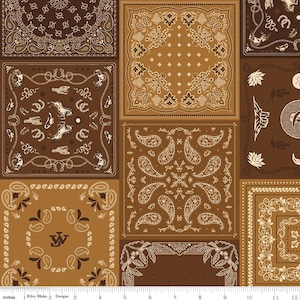 May include: A patchwork design featuring various brown and tan paisley and western-themed patterns. The squares include horseshoes, horses, and floral motifs. The fabric is measured in inches.