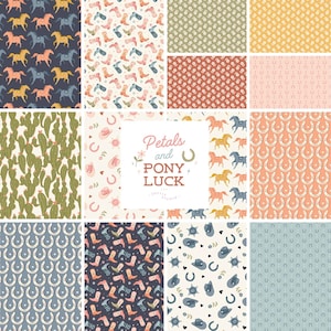 May include: A collection of patterned digital papers featuring cowboy and western themes. Designs include horses, cowboy boots, cacti, horseshoes, and cowboy hats in various colors like blue, pink, and green. The center design has the text "Petals and Pony Luck".