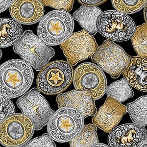 May include: A black background with a repeating pattern of silver and gold western-style belt buckles. The buckles have intricate designs and feature a five-pointed star in the center.