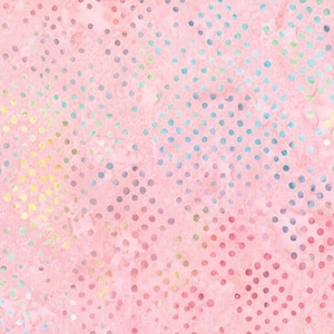 May include: Pink fabric featuring a polka dot design. The dots are in shades of blue, green, yellow, and pink. The fabric has a textured appearance.