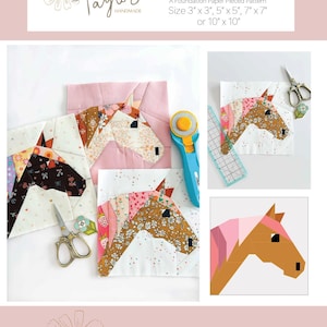 May include: A foundation paper pieced quilt block pattern titled Happy Horse Quilt Block by Liza Taylor Handmade. The image displays multiple fabric horse blocks in floral and solid prints, a rotary cutter, scissors, and a ruler with 3x3 to 10x10 inch sizes.