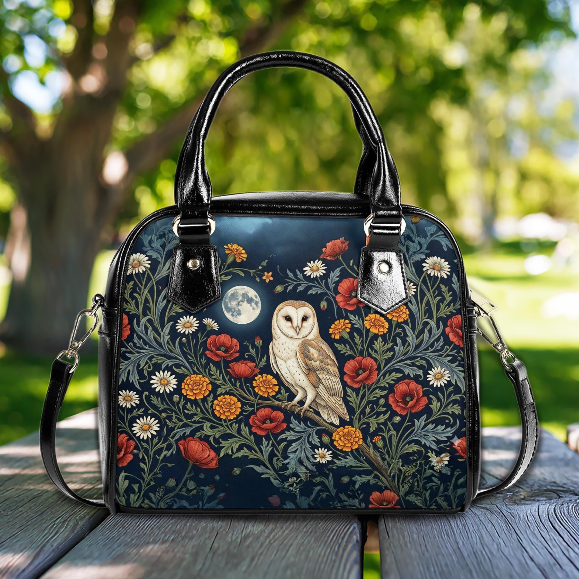 Barn Owl Moonlit Forest PU Leather Crossbody Bag, Whimsigoth Cottagecore Purse