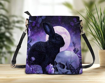 gothic style rabbit bag Dark Botanical Bunny Tote Bag | Boho Satchel Folk Art Woven  main image 3