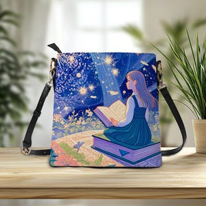 Bolsa de ombro de couro Star Girl Librarian, Adoro ler, Presente de aniversário, Bolsa de couro feminina, Presente para leitor ávido