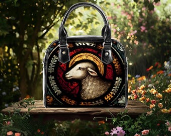 Medieval Stained Glass Lamb Handbag,Mystical Church Style Handbag,Black & Red Gothic Art Purse