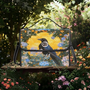 Sac à bandoulière en toile en cuir floral Mystic Crow doré et noir, sac à bandoulière élégant et unique en sorcellerie Cottagecore à bandoulière