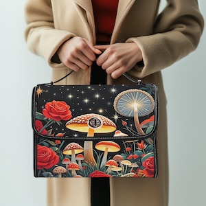 Bolso satchel de lona rosa con diseño cottagecore oscuro, bolso tote bohemio Faecore, cartera bohemia de brujas, regalo de flores de luna celestial místicas
