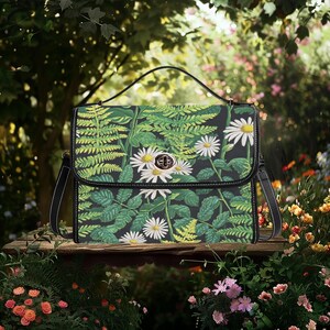 Sac à bandoulière Boho Daisy Fern Style Forêt-Noire, sac à main de sorcière hippie fougère pastorale sombre, joli bracelet en cuir végétalien foncé