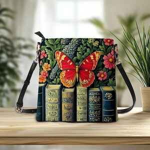 Bolsa de ombro de couro com borboletas e livros para amantes de livros, presente para bibliotecários, amor pela leitura, presente de aniversário, bolsa de couro para ela, presente para leitores ávidos