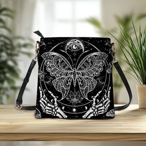 Gothic Butterfly Skull Handbag,Gothic Punk Crossbody Purse, Edgy Rockabilly Handbag, Alternative Style Accessories, Spooky Tote Bag