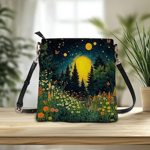 Bolsa de ombro de couro Wildflower Forest Moon para bibliotecários, amantes da leitura, presente de aniversário, bolsa de couro feminina, presente para leitores ávidos