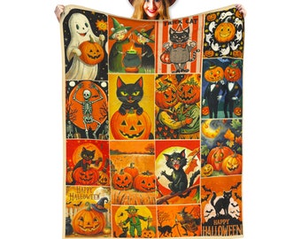 Vintage Horror Halloween Fleece Blanket, Fall Home Decor