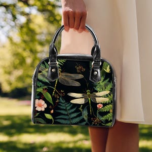 Vintage Botanical Dragonfly and Fern Print Bag,Dark Nature Aesthetic Handbag,Insect Art Style Tote,Gift For Her