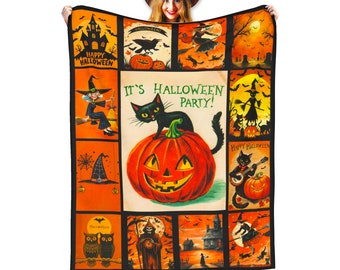 Vintage Halloween Woven Blanket, Pumpkin Lantern, Autumn Decor