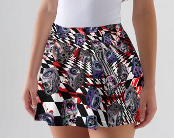 Gothic Blood Stains Black And White Checkerboard Dice Eyes Women&#39;S Printed Skater Skirt, Women&#39;S Alt Clothing, Dark Cottagecore