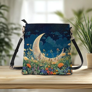 Sac à bandoulière en cuir PU médiéval lune de nuit fleurs gothiques, sac à bandoulière gothique, sac gothique hippie fleurs sauvages pour femmes