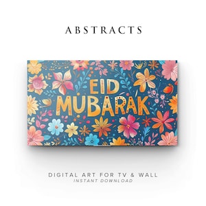 Può includere: Una stampa d'arte digitale con uno sfondo blu e fiori colorati. Il testo "Eid Mubarak" è scritto in lettere dorate.