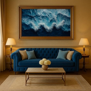 May include: A living room scene featuring a large framed artwork depicting ocean waves in shades of blue and white. A tufted blue sofa with throw pillows sits below the artwork. A coffee table, rug, and lamps complete the room's decor.