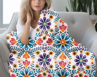 Mexican Folk Floral Velveteen Blanket – Vibrant Home Decor Throw