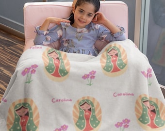 Personalized Virgencita Blanket - Custom Name Velveteen Throw with Virgen de Guadalupe, Religious Gift, Virgen De Guadalupe, Gifts Catholic