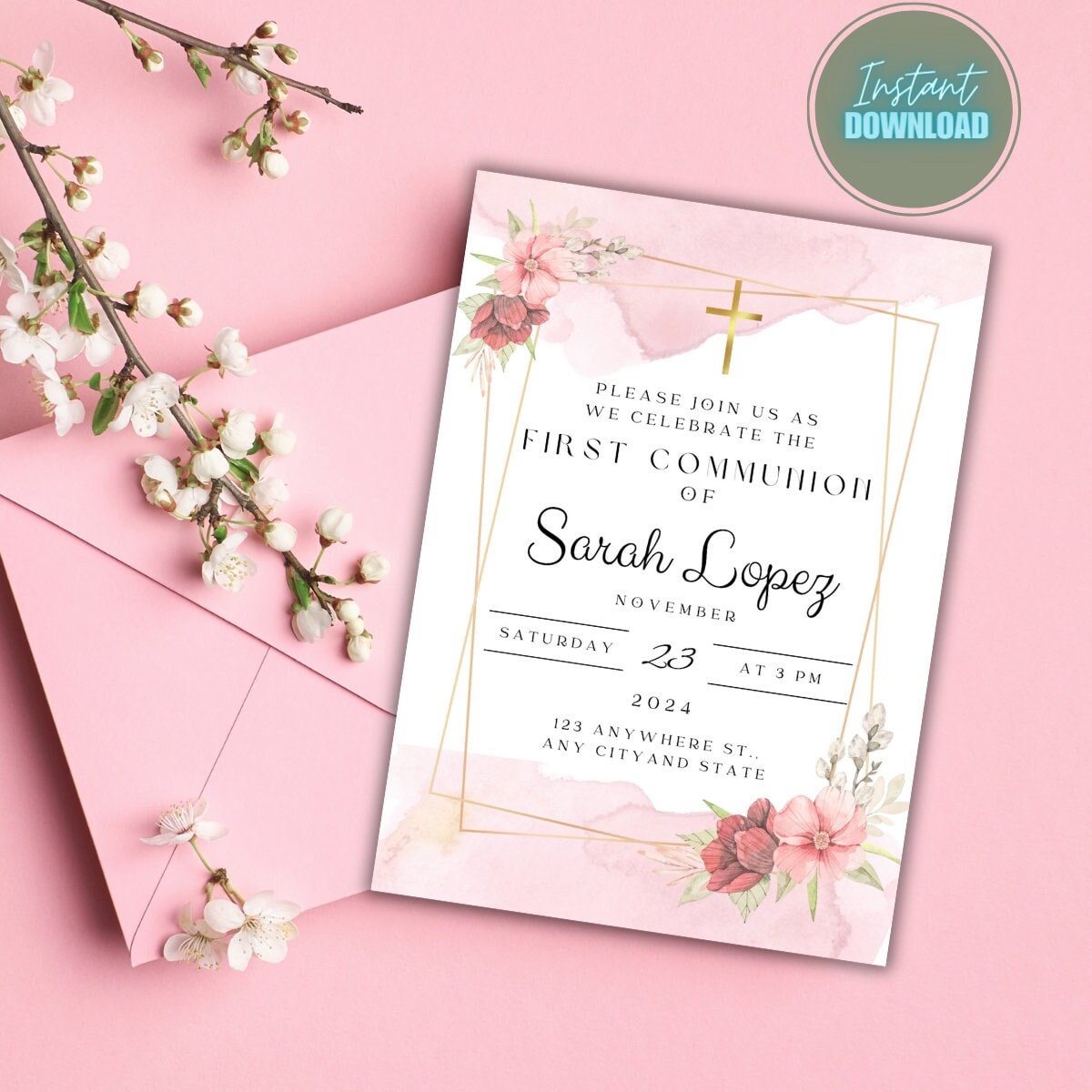 Pink Floral First Communion Invitation Template – Editable (digital ...