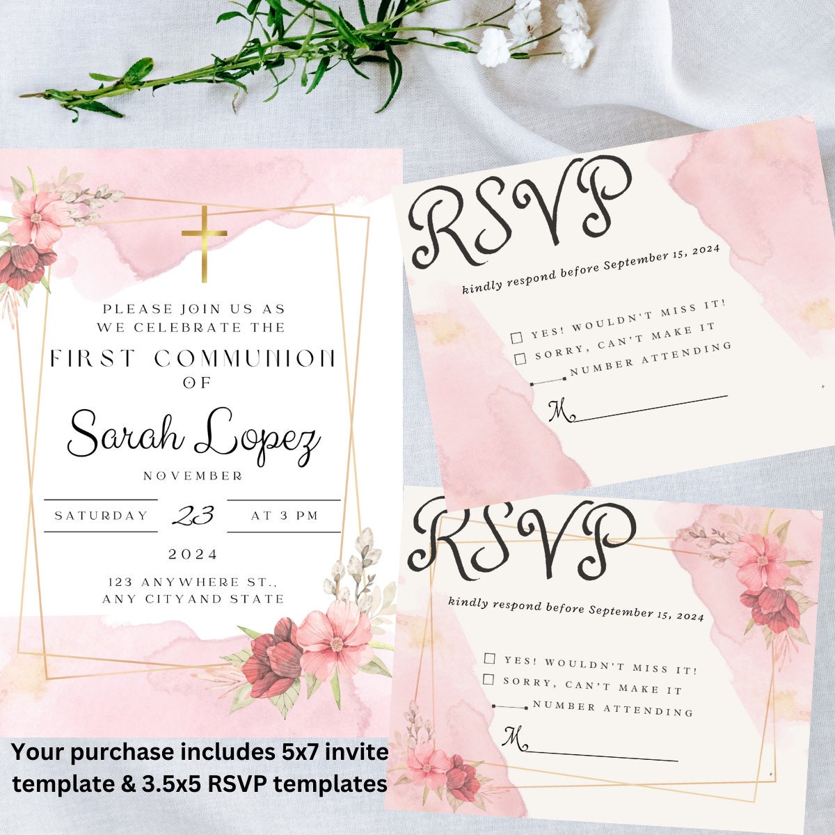Pink Floral First Communion Invitation Template – Editable (digital ...