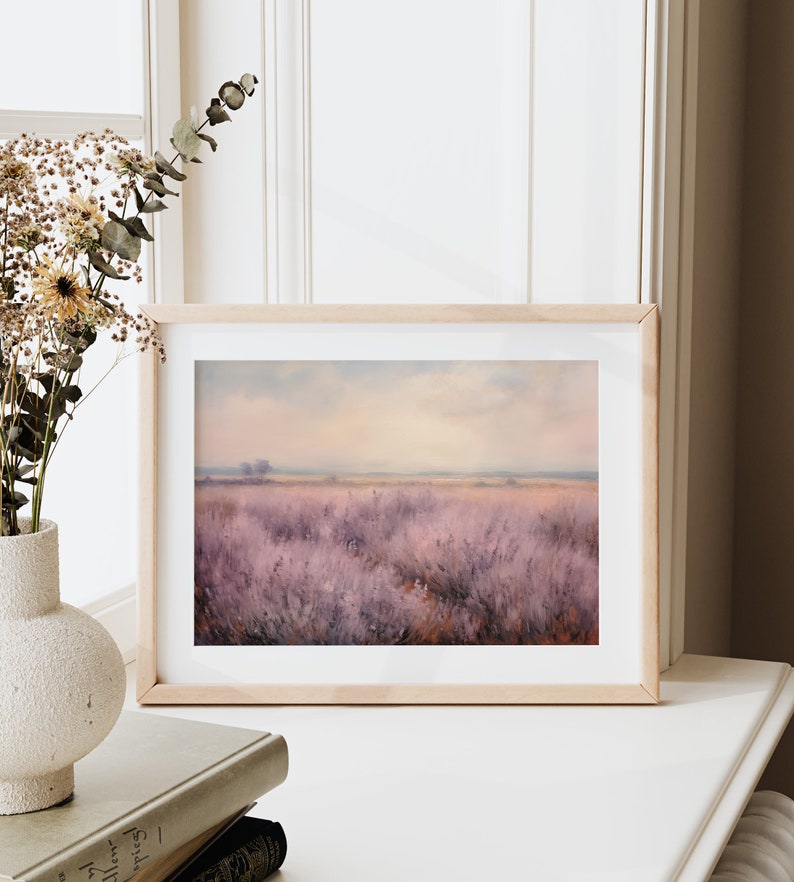 Lavender Field Oil Painting, Rustic Meadow Landscape, Purple