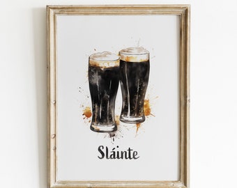 Printable Stout Beer Slainte Digital Print, St Patrick's Day Cheers Wall Art, Ireland Watercolor Painting, Irish Decor Dark Beer 2419