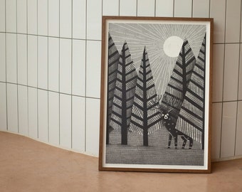 Viens avec moi, mon illustration de cerf Noir et blanc Wall Art Print Affiche Encadrée Art Cadeau
