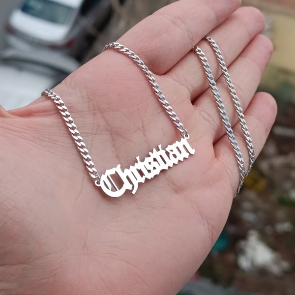 Curb Chain Custom Name Necklace , Old English Name Necklace , Personalized Necklace , Gifts For Men , Name Jewelry , Silver Name Necklace