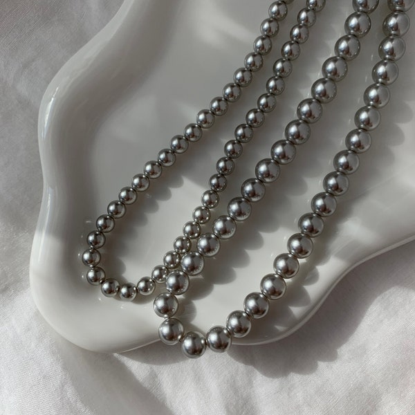 Silver Grey Pearl Strand Necklace, Genuine Swarovski Pearls, Classic Minimalist Pearl Necklace