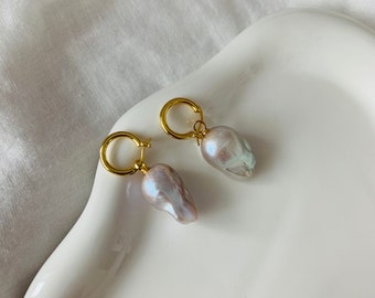 Fireball Baroque Pearl Gold Hoop Earrings: 18K Gold Plated Sterling Silver