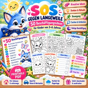 Puede incluir: Un libro de actividades digital titulado SOS GEGEN LANGEWEILE con 50 ideas para niños de 3 a 6 años. La imagen muestra un zorro azul de dibujos animados, hojas de actividades imprimibles, páginas para colorear, laberintos y juegos.