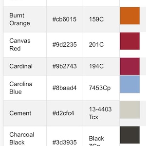May include: A color chart titled "Bell-Canvas-Color-Ch..." displays color swatches with names, hex codes, and numerical values. Colors include Bubble Gum, Burnt Orange, Canvas Red, and Carolina Blue.