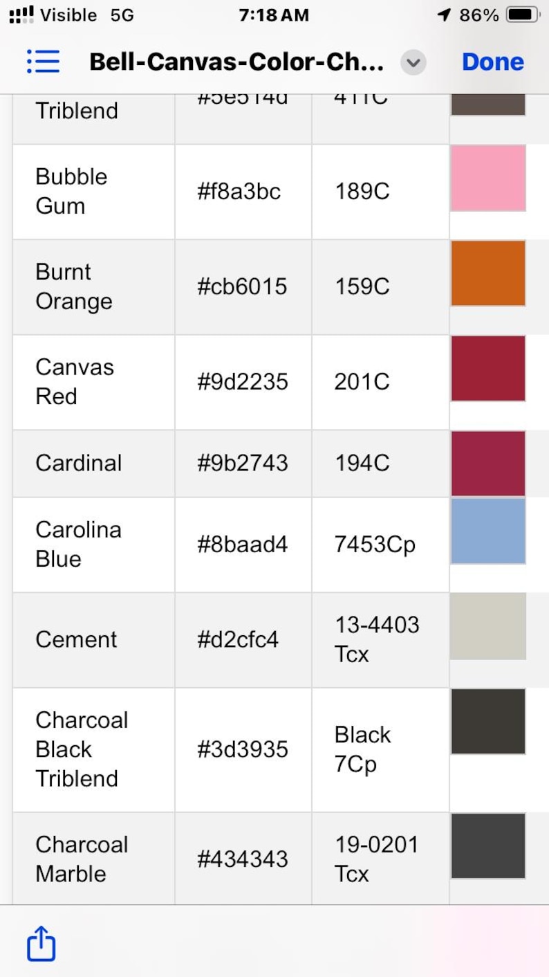 May include: A color chart titled "Bell-Canvas-Color-Ch..." displays color swatches with names, hex codes, and numerical values. Colors include Bubble Gum, Burnt Orange, Canvas Red, and Carolina Blue.