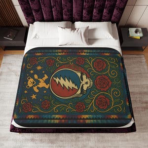 Sherpa Blanket, Grateful Dead inspired steal your face and dancing bear design, Two Colors, Gifts for Deadheads, Cozy Home Decor, Hippie