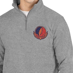 Grateful Dead Inspired Embroidered Half-Zip Pullover | Cozy Fleece Sweatshirt for Music Lovers | Unisex Retro Festival Zip Sweater