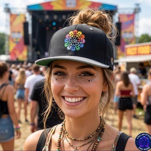 May include: Black baseball cap with a gray brim and a colorful floral design with the word "LSD" in the center. The cap is worn by a person at an outdoor music festival.