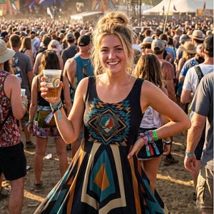 May include: A woman wearing a black dress with a geometric design and a Steal Your Face logo at a music festival. The dress features teal, orange, and tan accents. The background shows a crowd and a stage with the words "Grateful Dead".