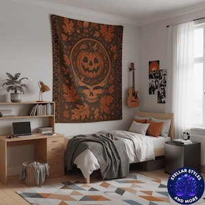 Grateful Dead Fall Tapestry | Halloween Pumpkin Steal Your Face Wall Hanging | Autumn Boho Decor | Cozy Spooky Season