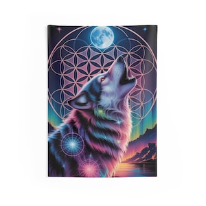 Vibrant Wolf Howling Indoor Wall Tapestries, Bohemian Home Decor, Nature-Inspired Wall Art, Spiritual Tapestry, Room Decoration