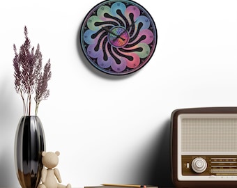 Psychedelic Mandala Wall Clock: Rainbow Spiral Acrylic Art, Boho Decor