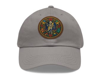 Grateful Dead Leather Patch Hat, Dancing Skeleton, Stealie Roses