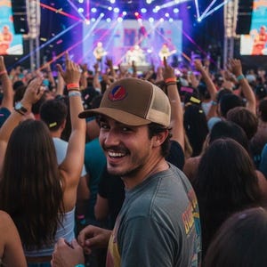 May include: A man smiles at the camera at a concert, wearing a brown trucker hat with a logo and a grey t-shirt. The background shows a stage with lights, a crowd, and confetti.