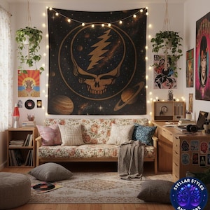 Grateful Dead inspired SYF Cosmic Skull Lightning Tapestry | Psychedelic Space Wall Hanging | Galaxy Star Planet Decor | Boho Dorm Room Art