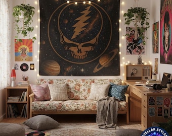 Grateful Dead inspired SYF Cosmic Skull Lightning Tapestry | Psychedelic Space Wall Hanging | Galaxy Star Planet Decor | Boho Dorm Room Art