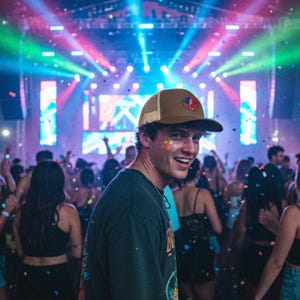 May include: A person wearing a brown and beige trucker hat with a logo, smiling at a concert. The background features a stage with colourful lights and confetti falling. The person is wearing a dark green t-shirt.
